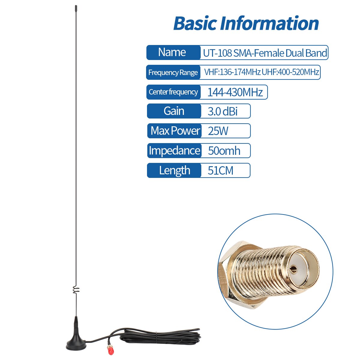 Two Way Radio VHF UHF SMA Mobile Long Antenna UT108UV For